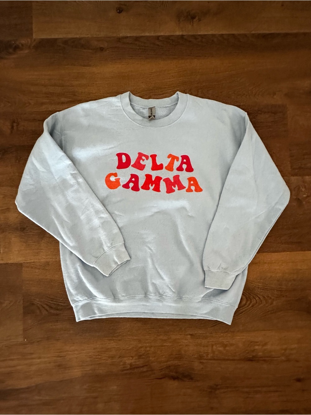 DG Delta Gamma Sorority Crewneck Sweatshirt Light Blue with Red/Orange Letter